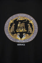 Black Versace crewneck T-shirt with gold emblem graphic and VERSACE text