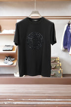 Versace black crewneck T-shirt with circular rhinestone Medusa logo on chest