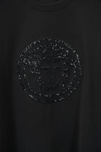 Versace black T-shirt with close-up circular rhinestone Medusa emblem