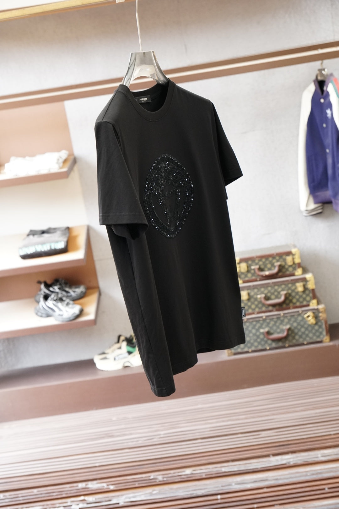 Versace black crewneck T-shirt with rhinestone circular Medusa logo