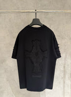 Black short-sleeve T-shirt with large cross graphic embroidery on back