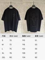 Two black short-sleeve T-shirts on hangers with size chart