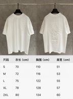 White short-sleeve T-shirt shown with size chart table