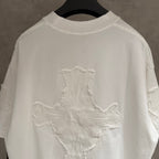 White short-sleeve T-shirt with ribbed crew neck and large back embroidery