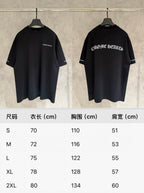 Short-sleeve T-shirt size chart with measurements for S to 2XL