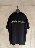 Black short-sleeve T-shirt with large back graphic text