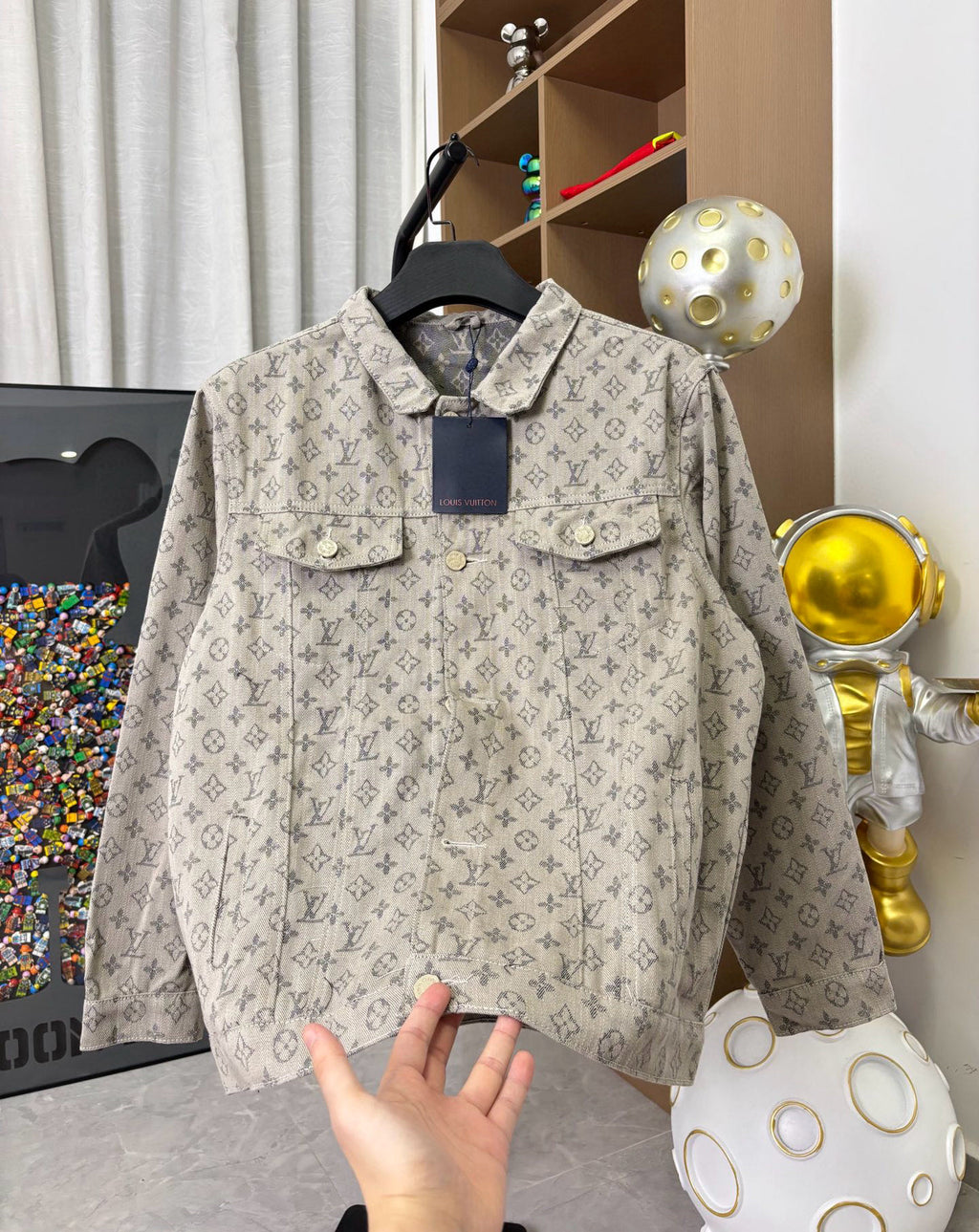 Louis Vuitton monogram long-sleeve jacket in light gray, with navy collar tag