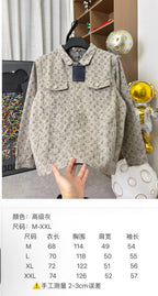 Louis Vuitton monogram long-sleeve jacket front view in light gray with navy tag