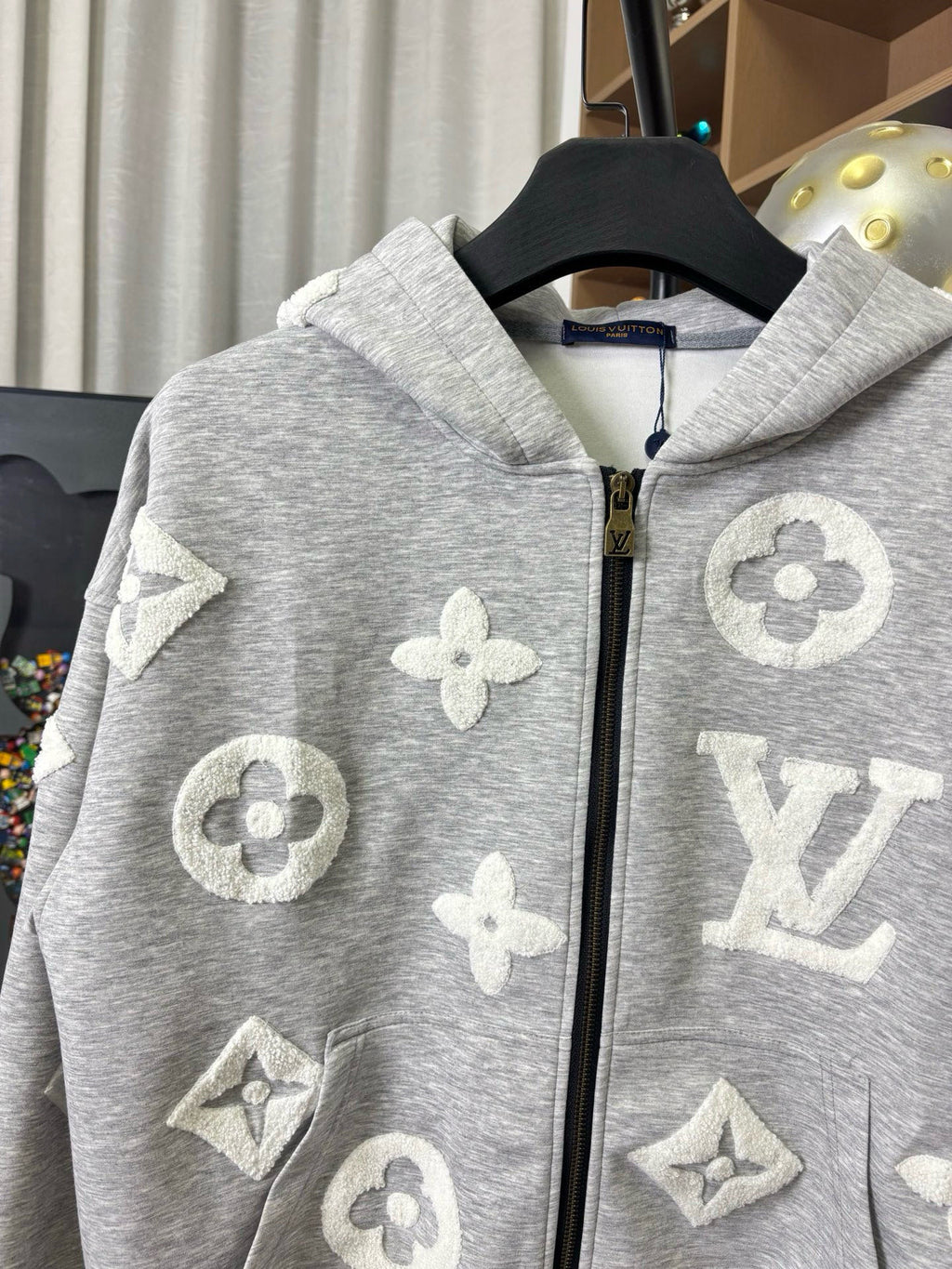 Louis Vuitton gray heather zip-up hoodie with hood and large monogram graphics
