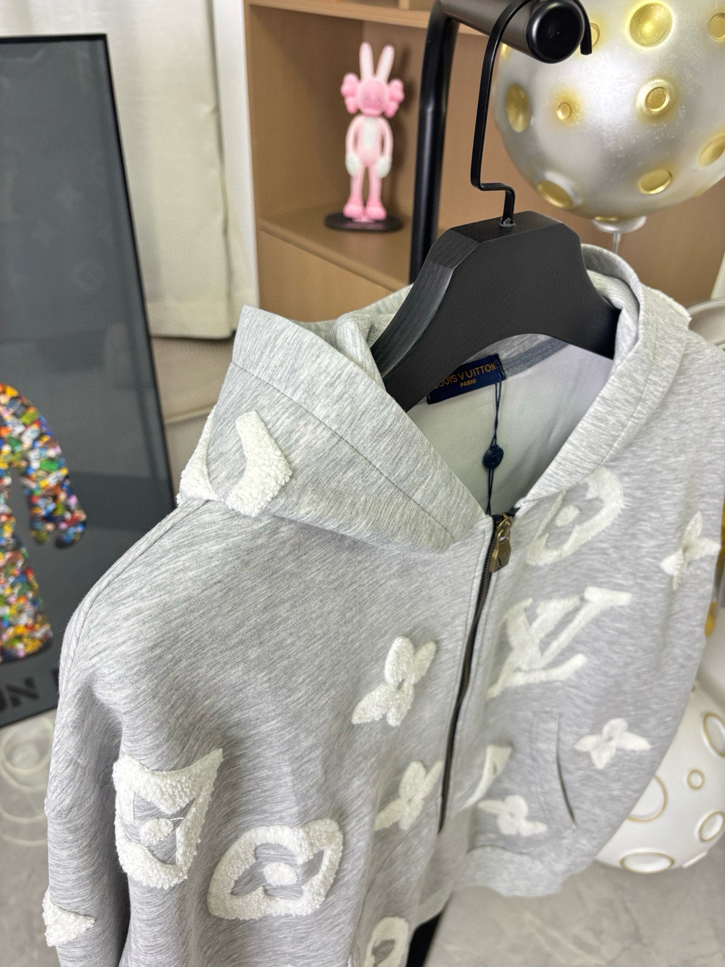 Louis Vuitton gray heather zip-up hoodie with hood and monogram pattern on sleeves