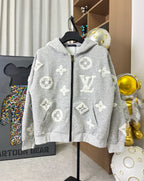 Louis Vuitton gray heather zip hoodie with hood and scattered monogram-style motifs