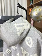 Louis Vuitton gray heather hoodie with hood, long sleeves, and monogram-style motifs