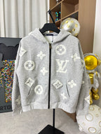 Louis Vuitton gray heather zip-up hoodie with hood and all-over monogram print