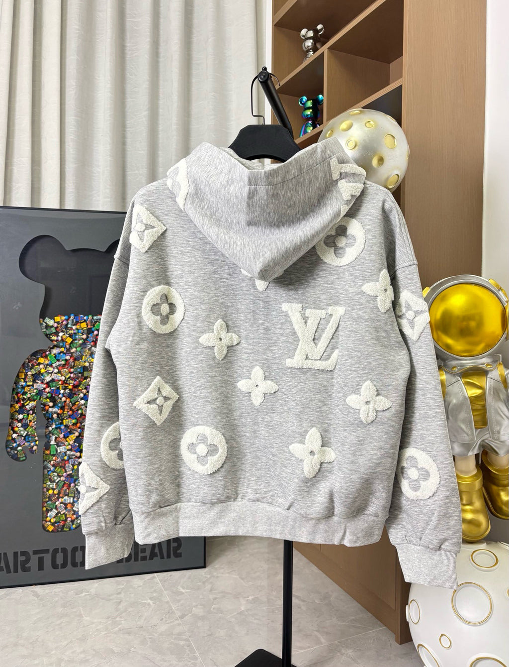 Louis Vuitton gray heather hoodie with hood, long sleeves, and monogram print