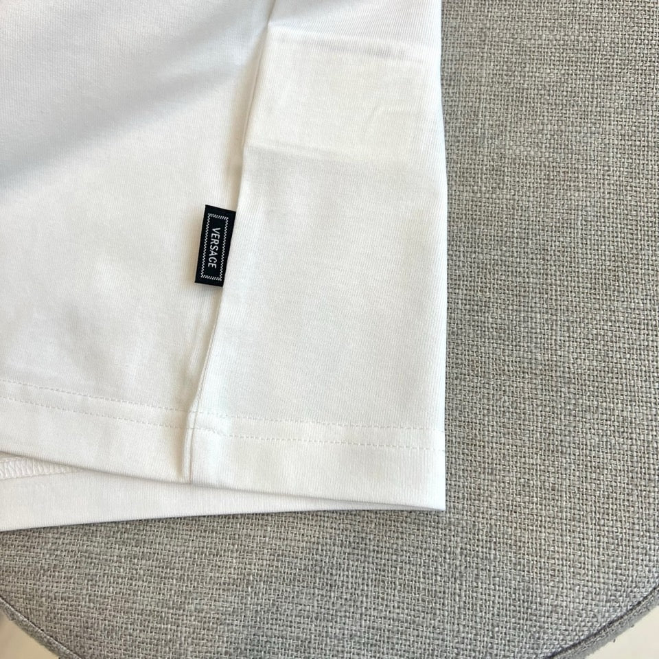White Versace T-shirt with VERSACE logo label on sleeve