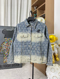 Long-sleeve denim jacket, blue wash, button front, two chest pockets, collar