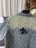 Long-sleeve denim jacket back yoke, blue wash with cross applique and rhinestone dots