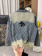 Long-sleeve denim jacket back, blue wash with cross appliques and bead-studded details