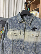 Long-sleeve denim jacket, blue patterned wash, button front, two chest pockets