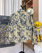Long-sleeve jacket with blue and cream abstract print, full back view