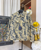 Long-sleeve jacket on hanger with blue and cream abstract fabric and pocket