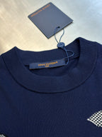 Navy ribbed crew neckline T-shirt with Louis Vuitton tag and rhinestone design