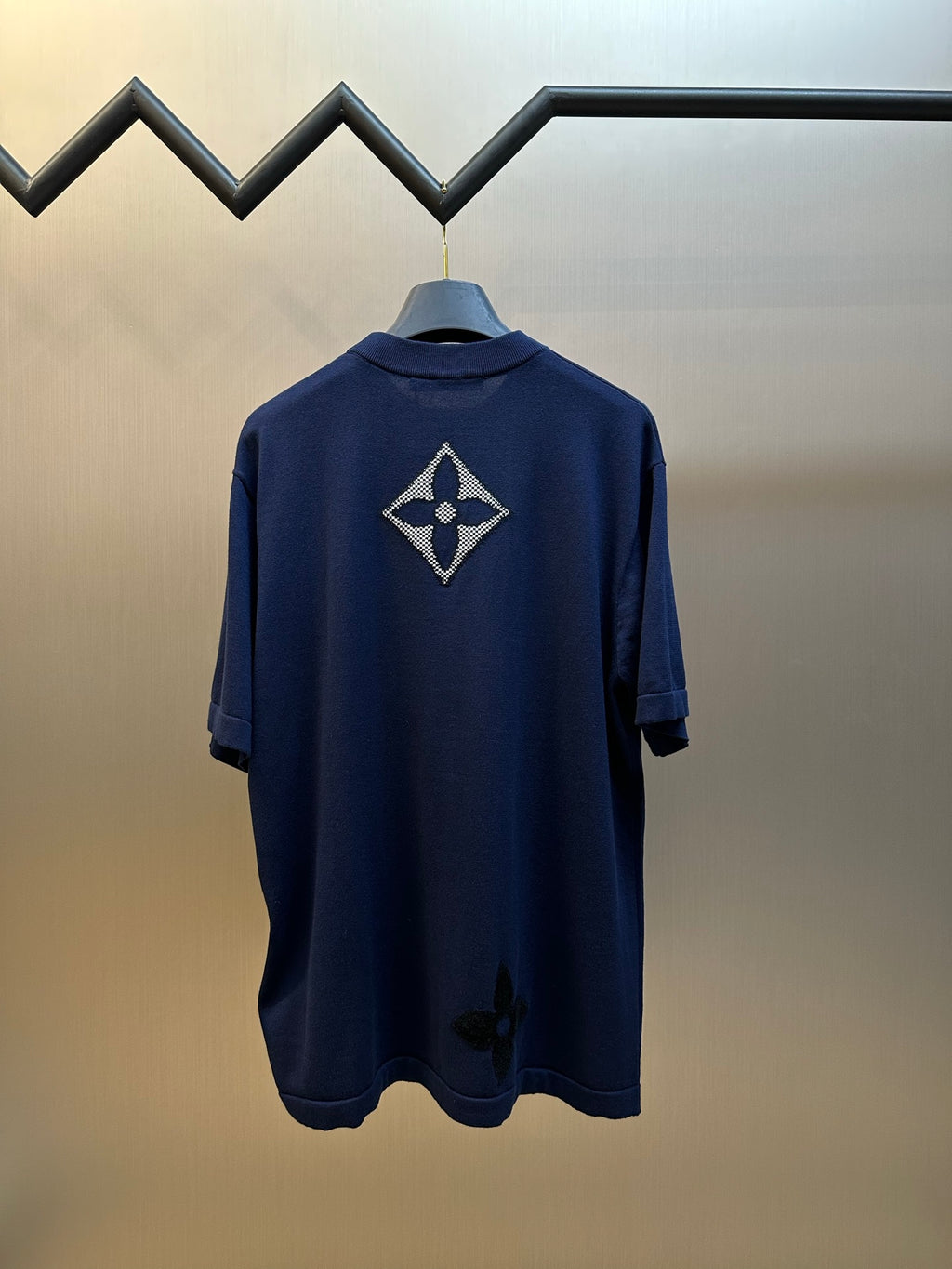 Navy crew-neck T-shirt with rhinestone diamond monogram on back