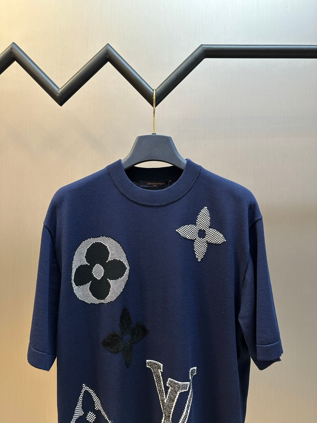 Navy crew-neck T-shirt with rhinestone flower, LV and patch graphic on front