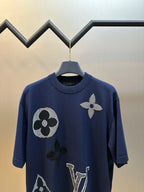 Navy crew-neck T-shirt with rhinestone flower, LV and patch graphic on front
