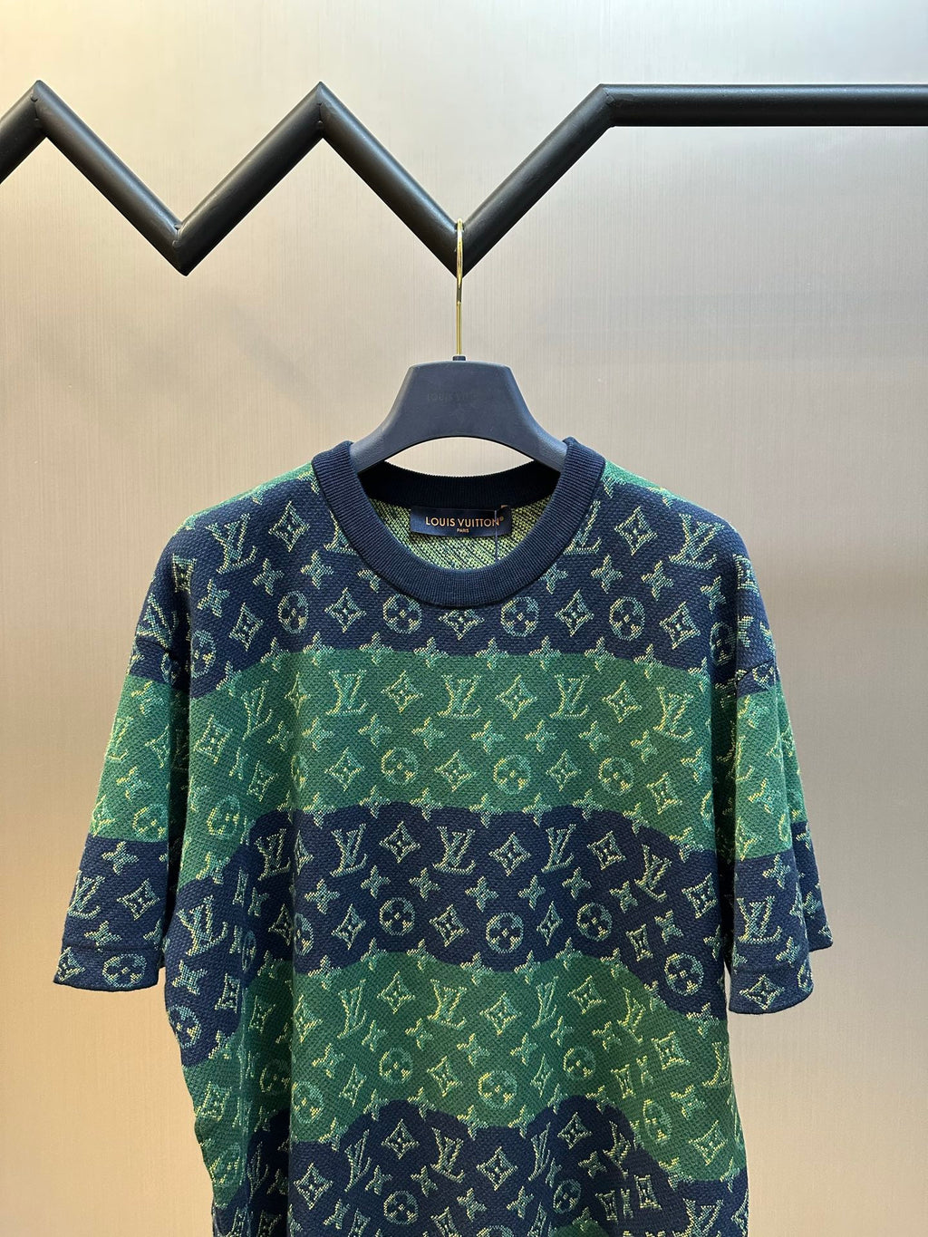 Knit short-sleeve top, navy crew neck with green allover monogram pattern