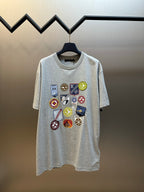 Light gray Louis Vuitton T-shirt with multicolor patch graphic, crew neck, short sleeves