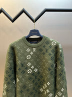 Louis Vuitton knit sweater, olive green with allover monogram logo pattern, crew neck