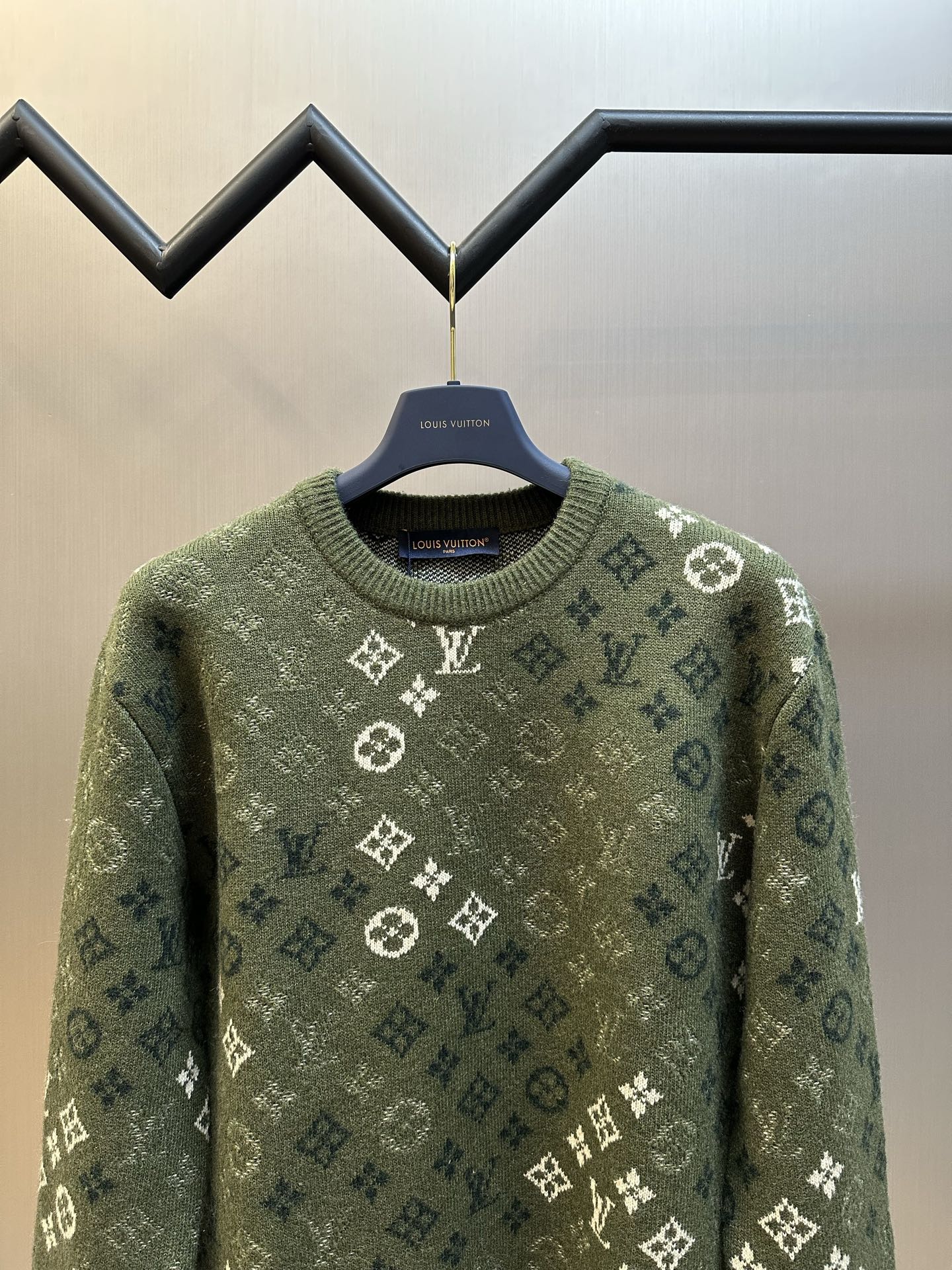 Louis Vuitton knit sweater, olive green with allover monogram logo pattern, crew neck