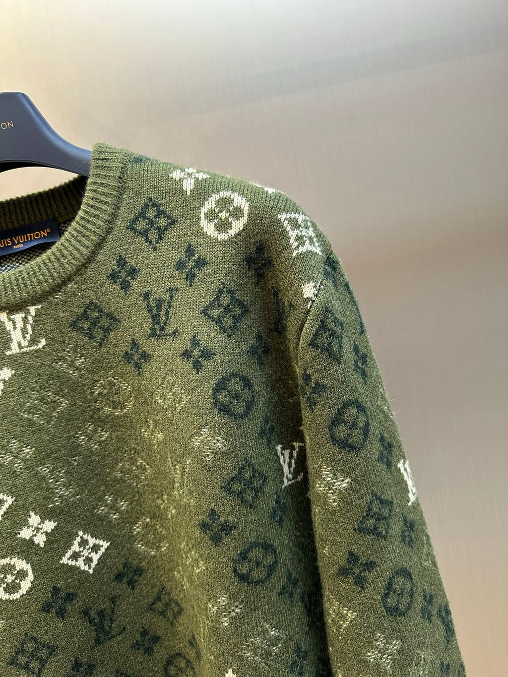 Louis Vuitton knit sweater sleeve in olive green with allover monogram pattern