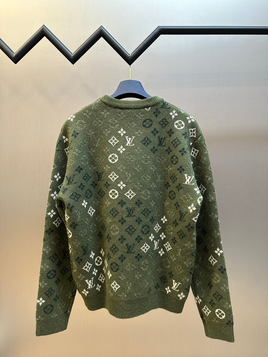 Louis Vuitton knit sweater, olive green, monogram pattern, crew neck, long sleeves (back view)