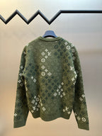 Louis Vuitton knit sweater, olive green, monogram pattern, crew neck, long sleeves (back view)