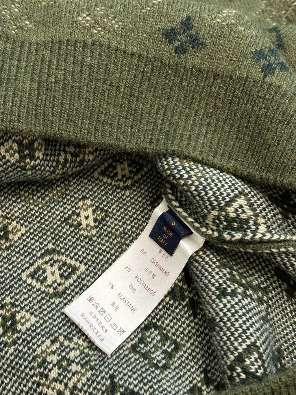 Louis Vuitton knit sweater inside neck detail with label and patterned lining
