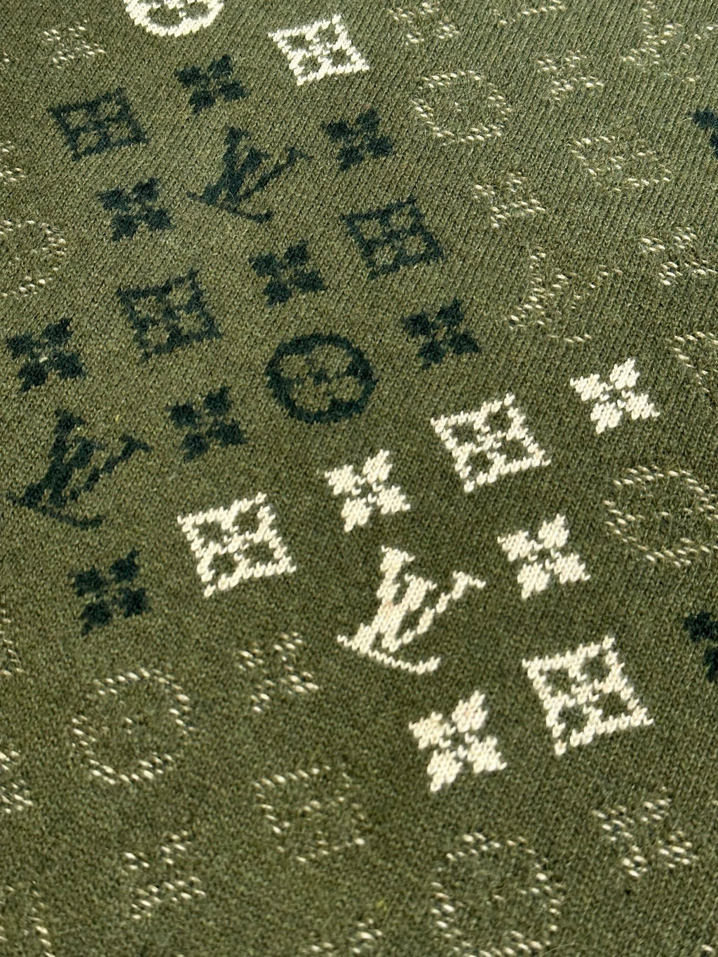 Louis Vuitton knit sweater fabric close-up in olive green with monogram pattern