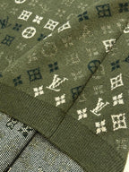 Louis Vuitton knit sweater cuff and hem close-up in olive green with monogram pattern