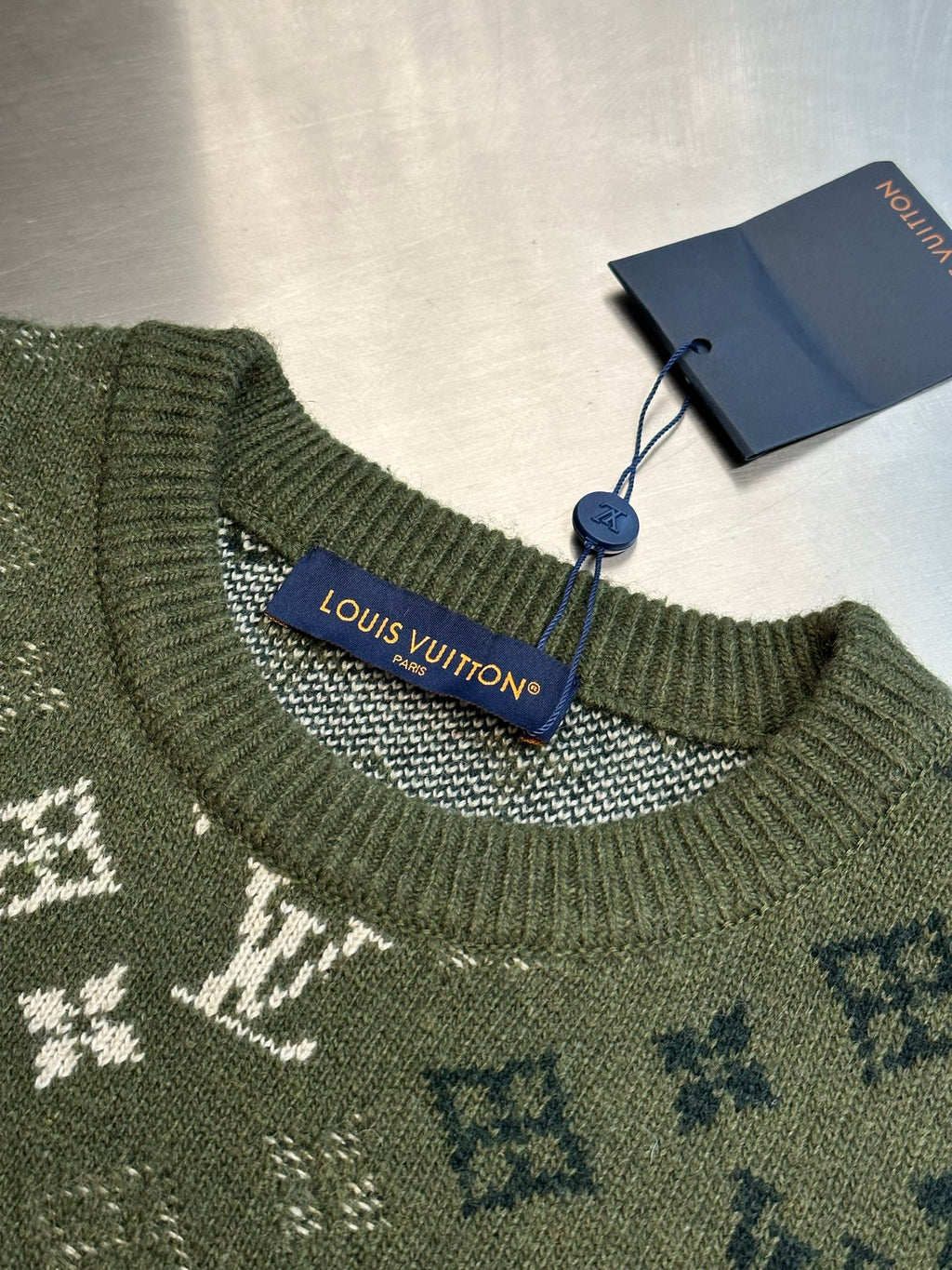 Louis Vuitton knit sweater collar detail in olive green with monogram pattern