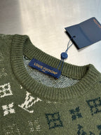 Louis Vuitton knit sweater collar detail in olive green with monogram pattern