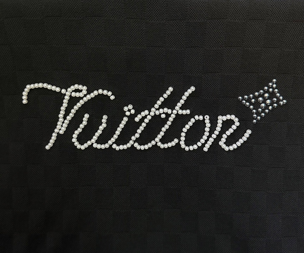 Louis Vuitton rhinestone "Vuitton" logo detail on black textured T-shirt