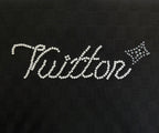Louis Vuitton rhinestone "Vuitton" logo detail on black textured T-shirt