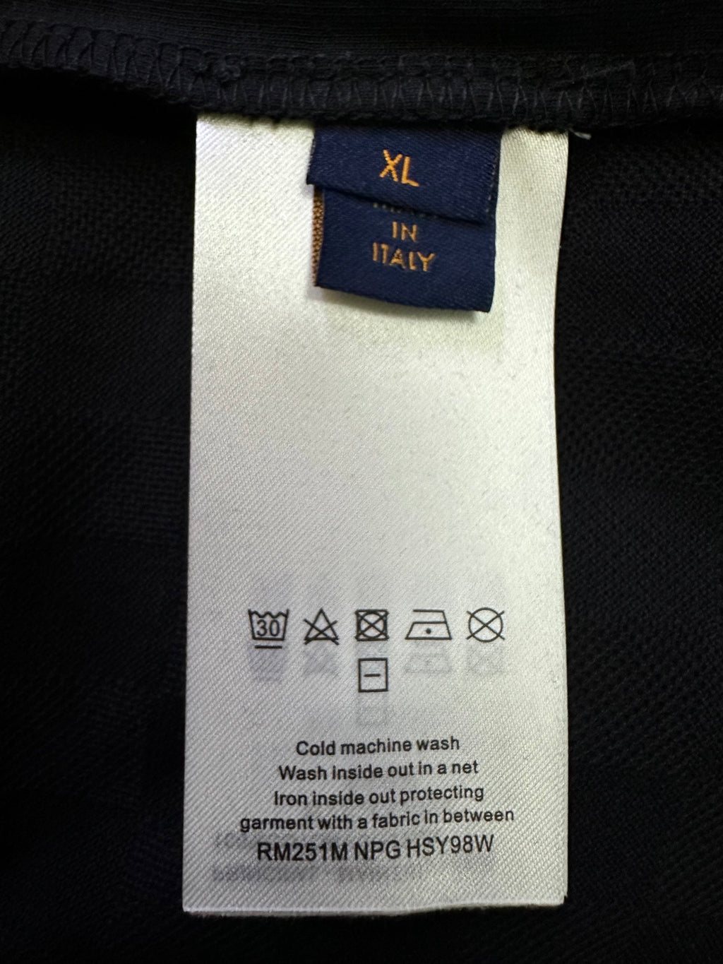 Louis Vuitton size XL black T-shirt care label, "Italy" and washing instructions