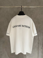 White short-sleeve T-shirt with large back logo text