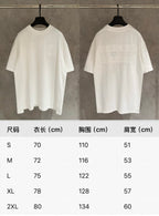 White crew-neck T-shirt with embroidered logo; includes sizing chart with measurements.