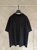 Black short-sleeve crewneck T-shirt with embroidered chest emblem on left side