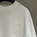 White crew-neck short-sleeve T-shirt with raised embroidered logo on chest.