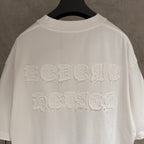 White crew-neck T-shirt with raised embroidered back logo, collar and hem visible.