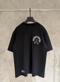 Black short-sleeve T-shirt with white circular front graphic emblem